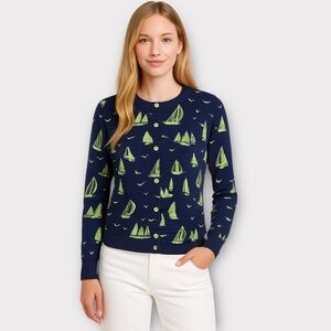 L.L. BEAN Sailboat Nautical Print Full Button Cardigan Navy and Green Size Small